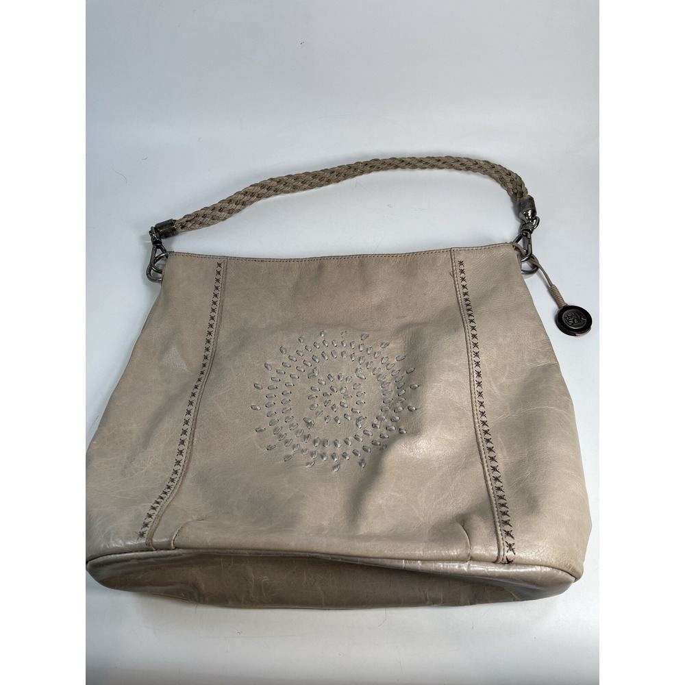 Women The SAK -Beige Leather Handbag Satchel Purse Woven Handle